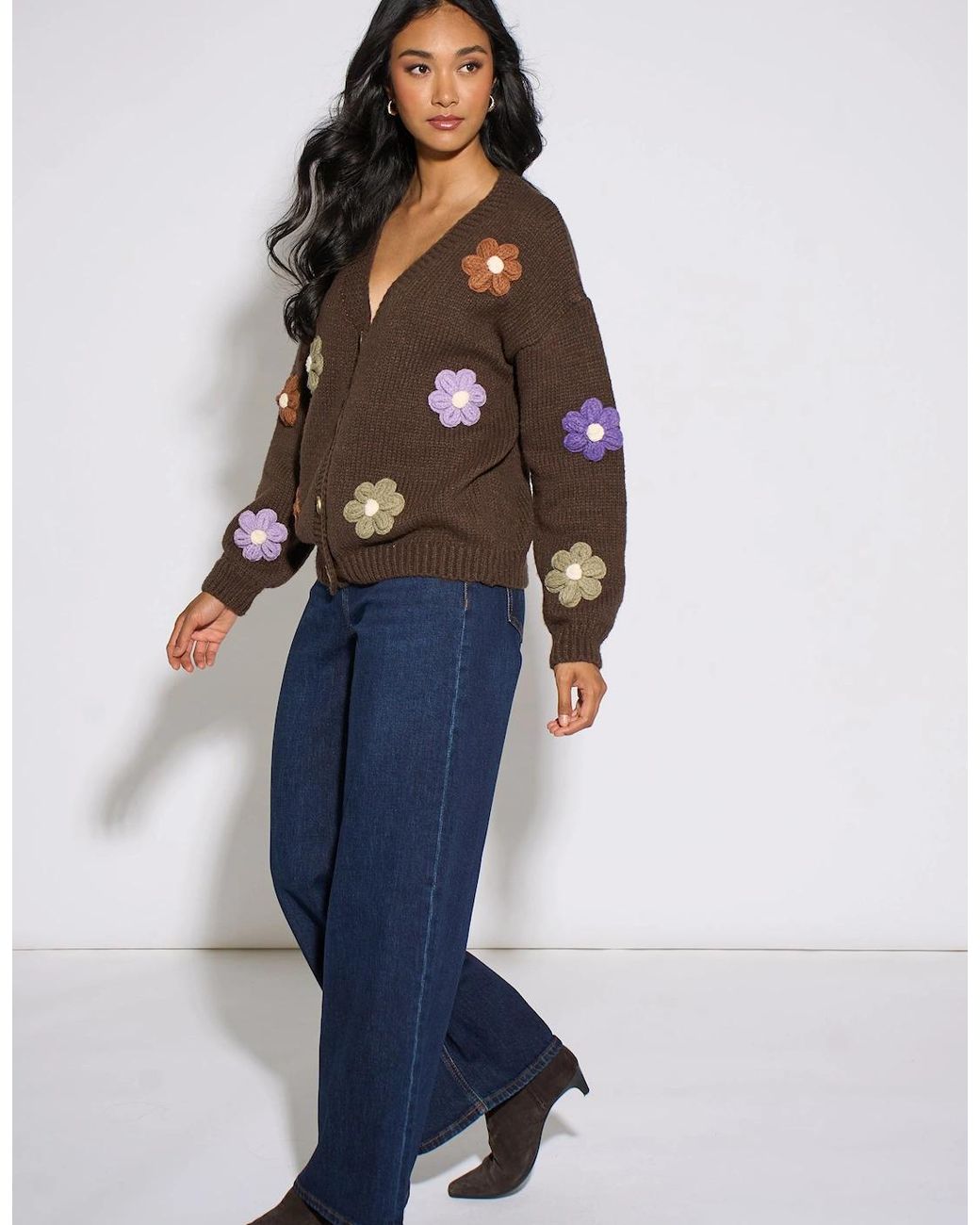 Gini London Brown 3D Floral Sleeves Knit Cardigan
