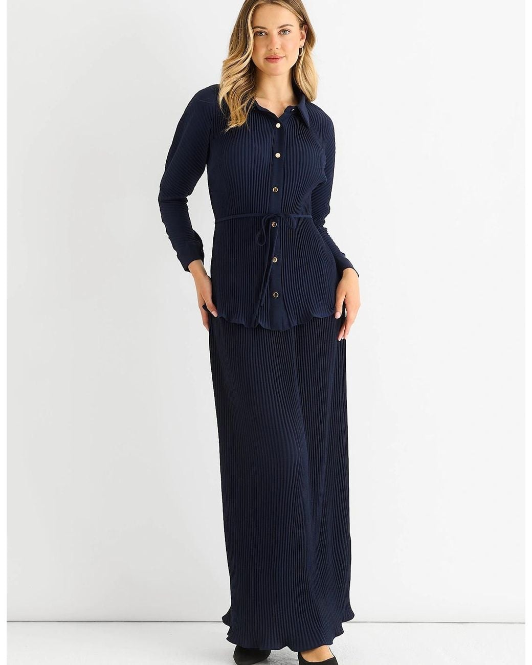Gini London Blue Plisse Elasticated Waist Maxi Skirt