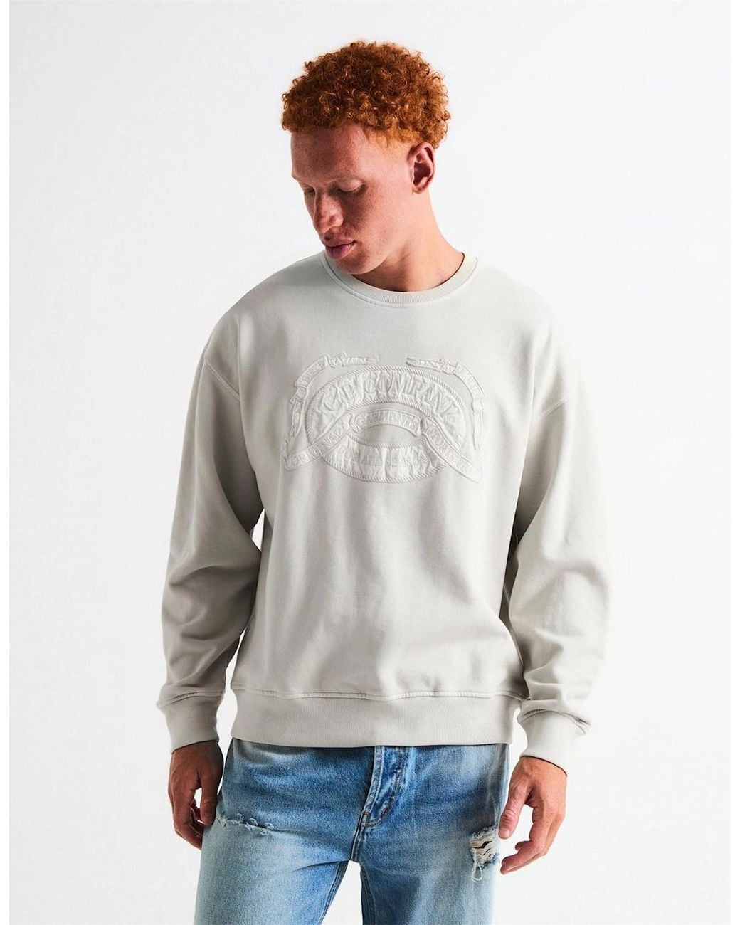 C P Company White Logo Crew Sweat for men