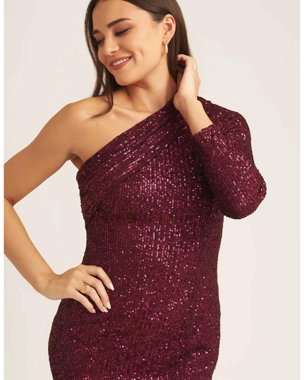 Gini London Red Plum One Shoulder Draped Sequin Midi Dress