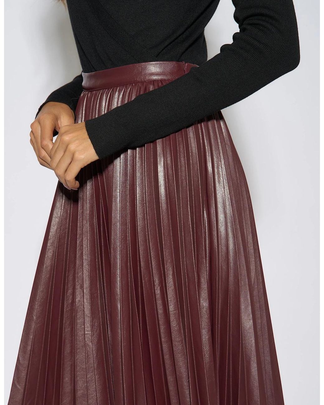 Gini London Purple Burgundy Pleated Faux Leather Midi Skirt