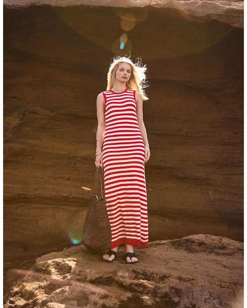 Ro&zo Red Stripe Cotton Knit Midi Dress