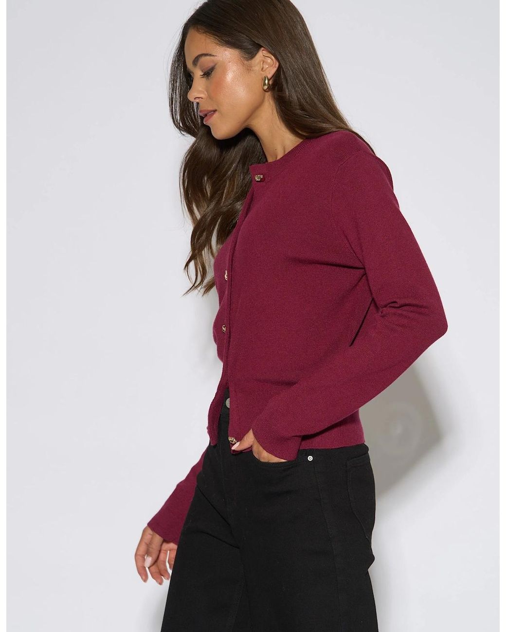 Gini London Red Mulberry Button Fine Knit Cardigan