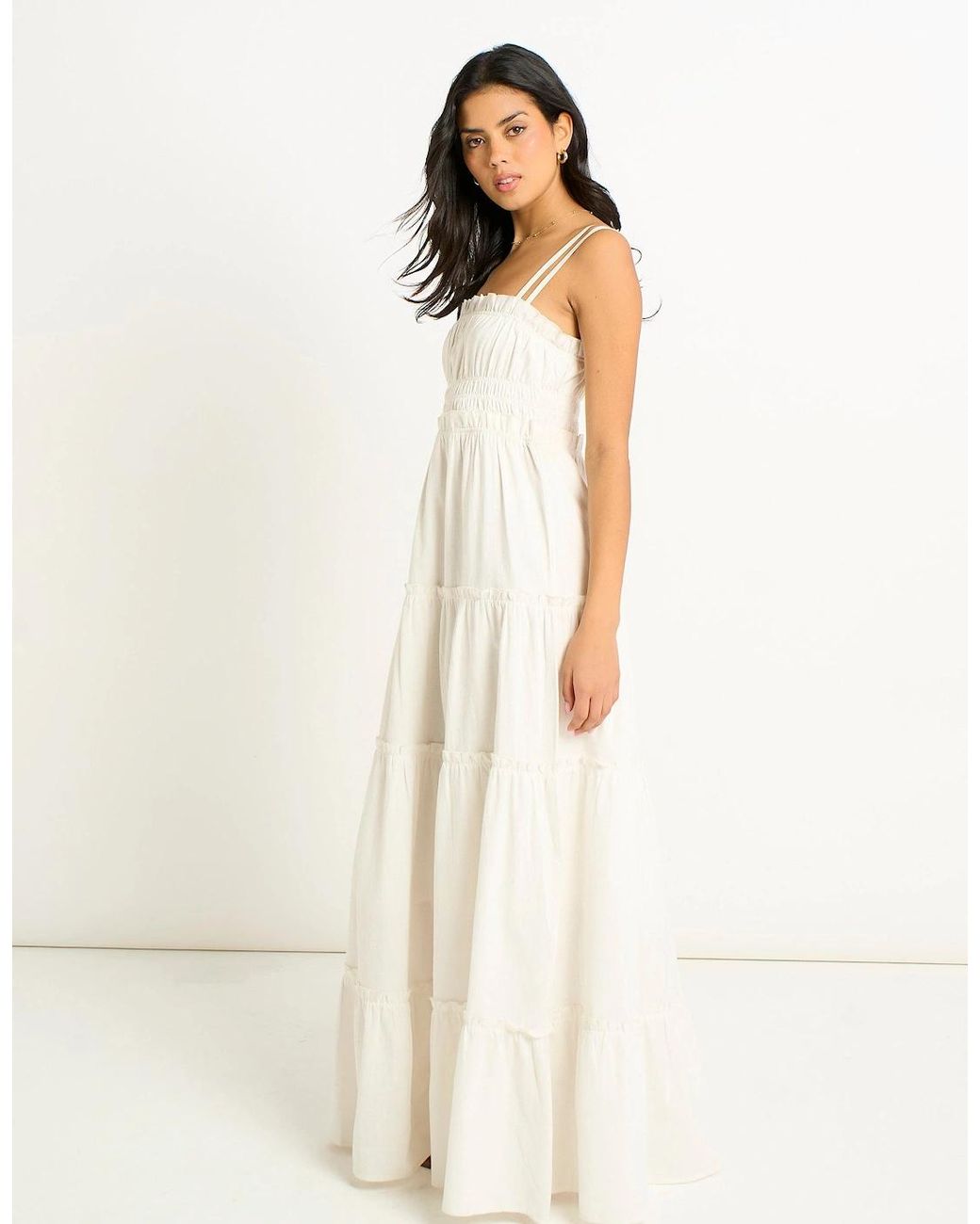 Gini London Natural Cotton Shirred Strappy Flare Maxi Dress