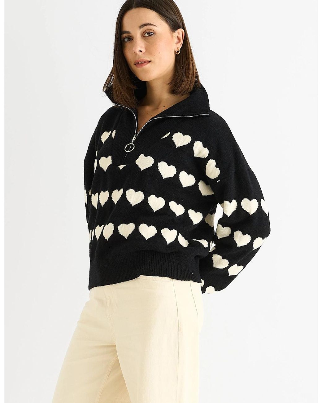 Gini London Black Heart Zip Up Loose Fit Knit Jumper