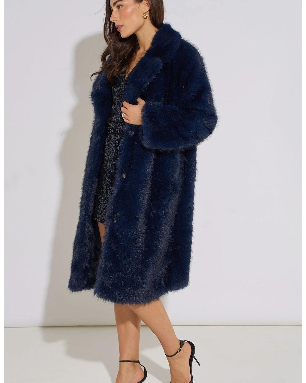 Gini London Blue Dark Panelled Faux Fur Longline Jacket