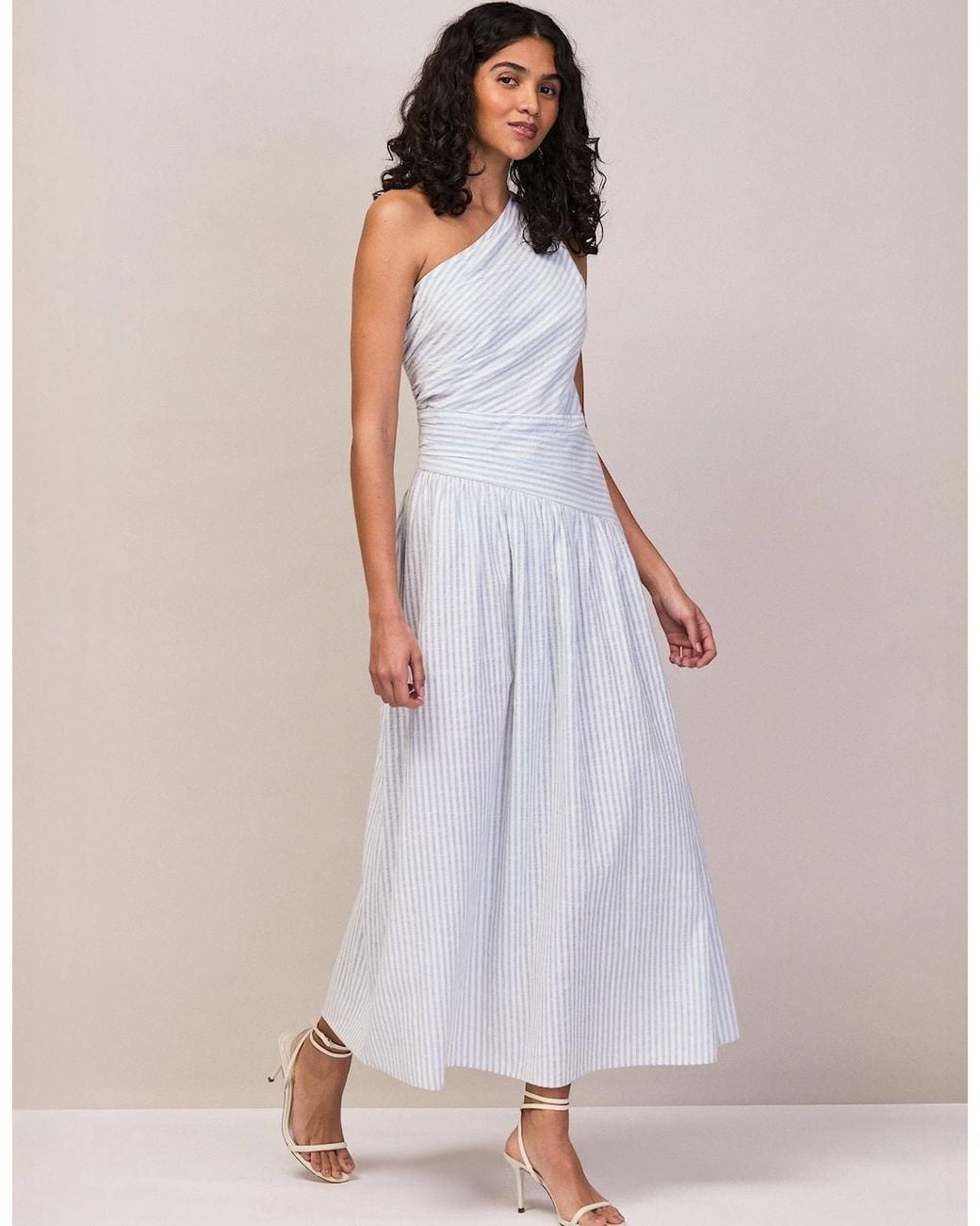 Ro&zo White And Stripe Cotton One Shoulder Dress