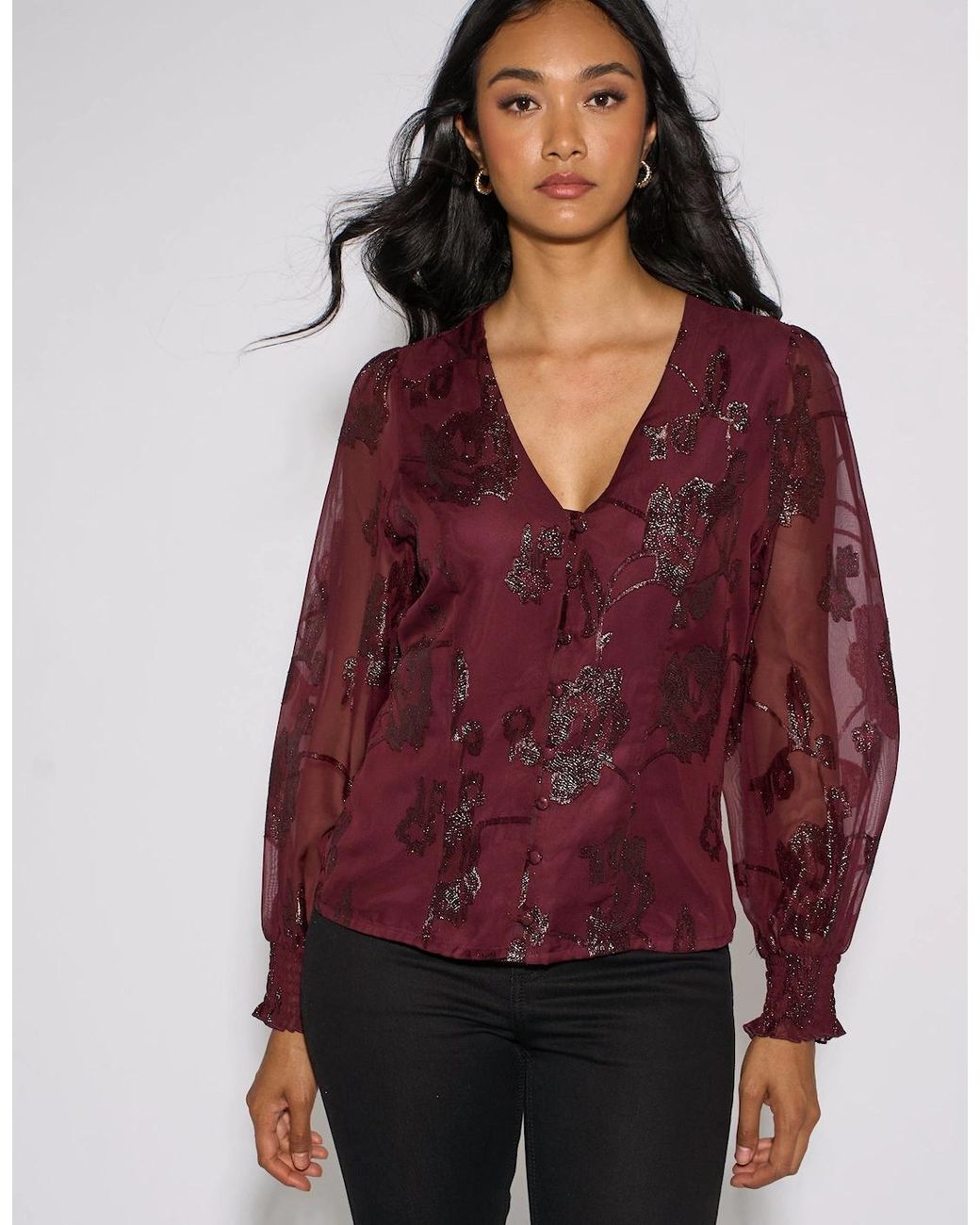 Gini London Red Plum Floral Sparkle Jacquard Blouse