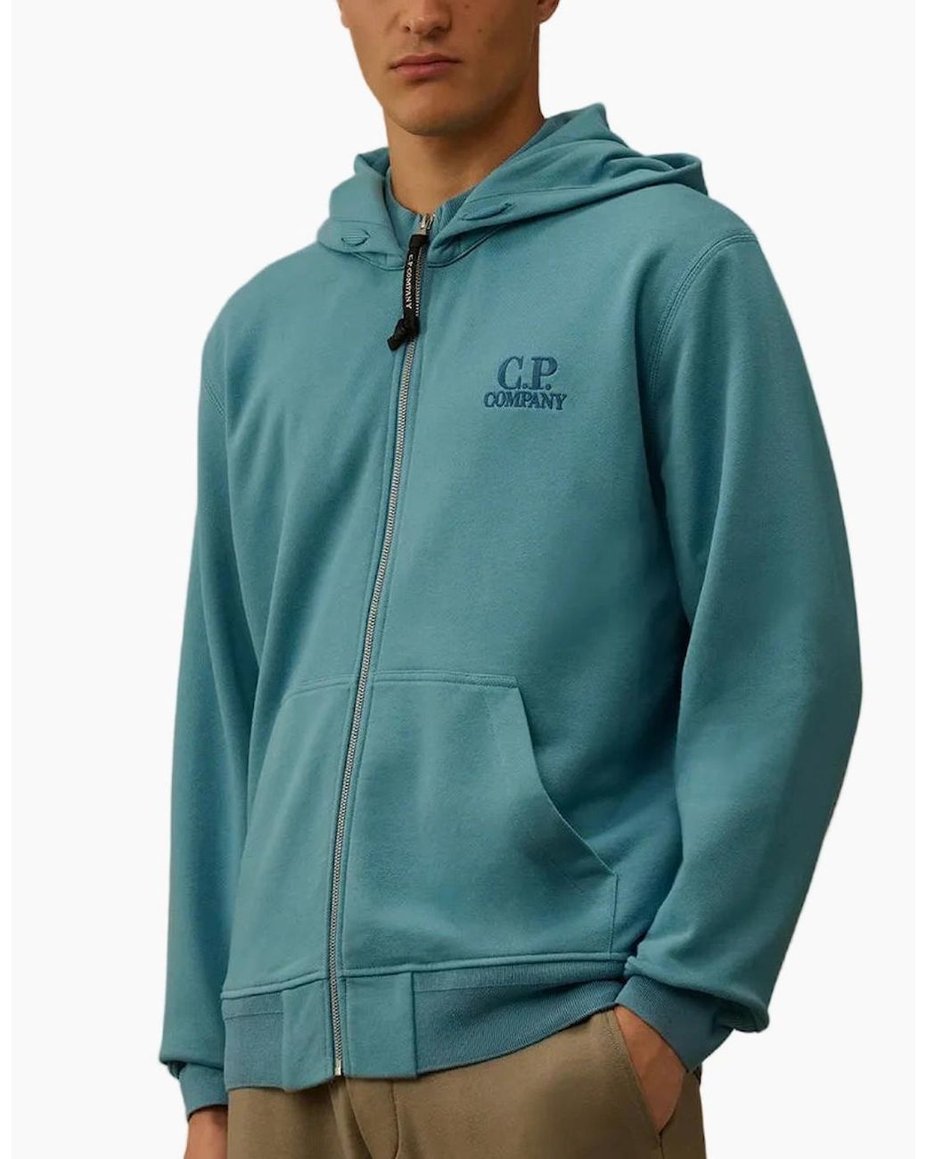 C P Company Green Diagonal Fleece Zip Logo Hoodie for men