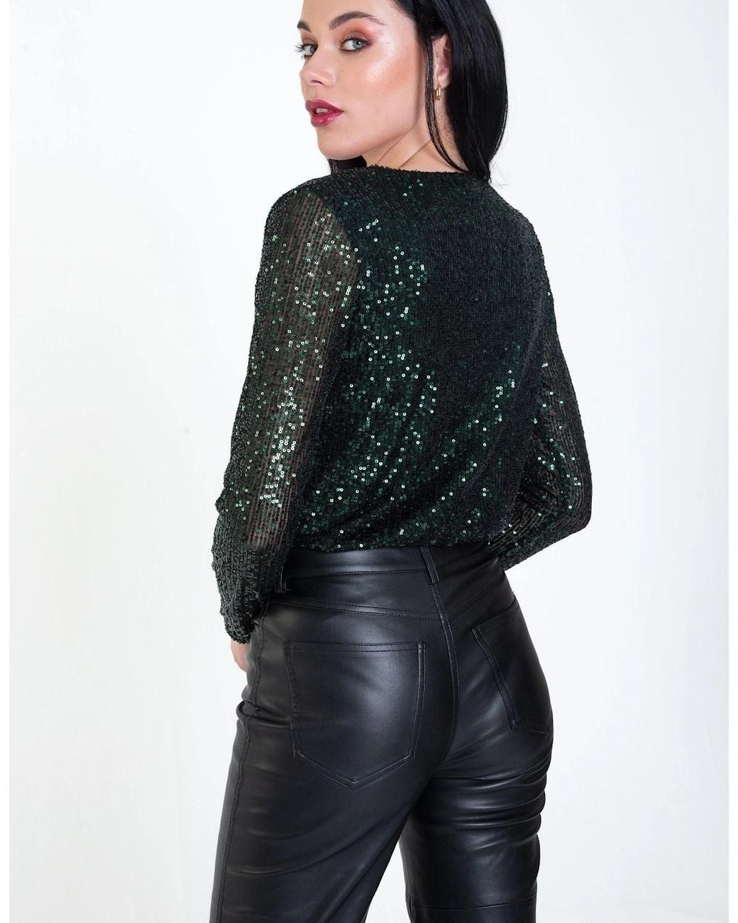 Gini London Black Sequin Wrap Long Sleeves Bodysuit