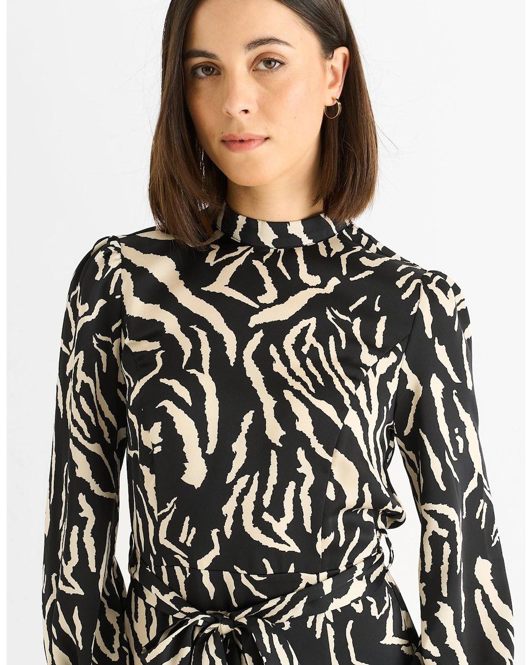 Gini London White Animal High Neck Satin Midi Dress