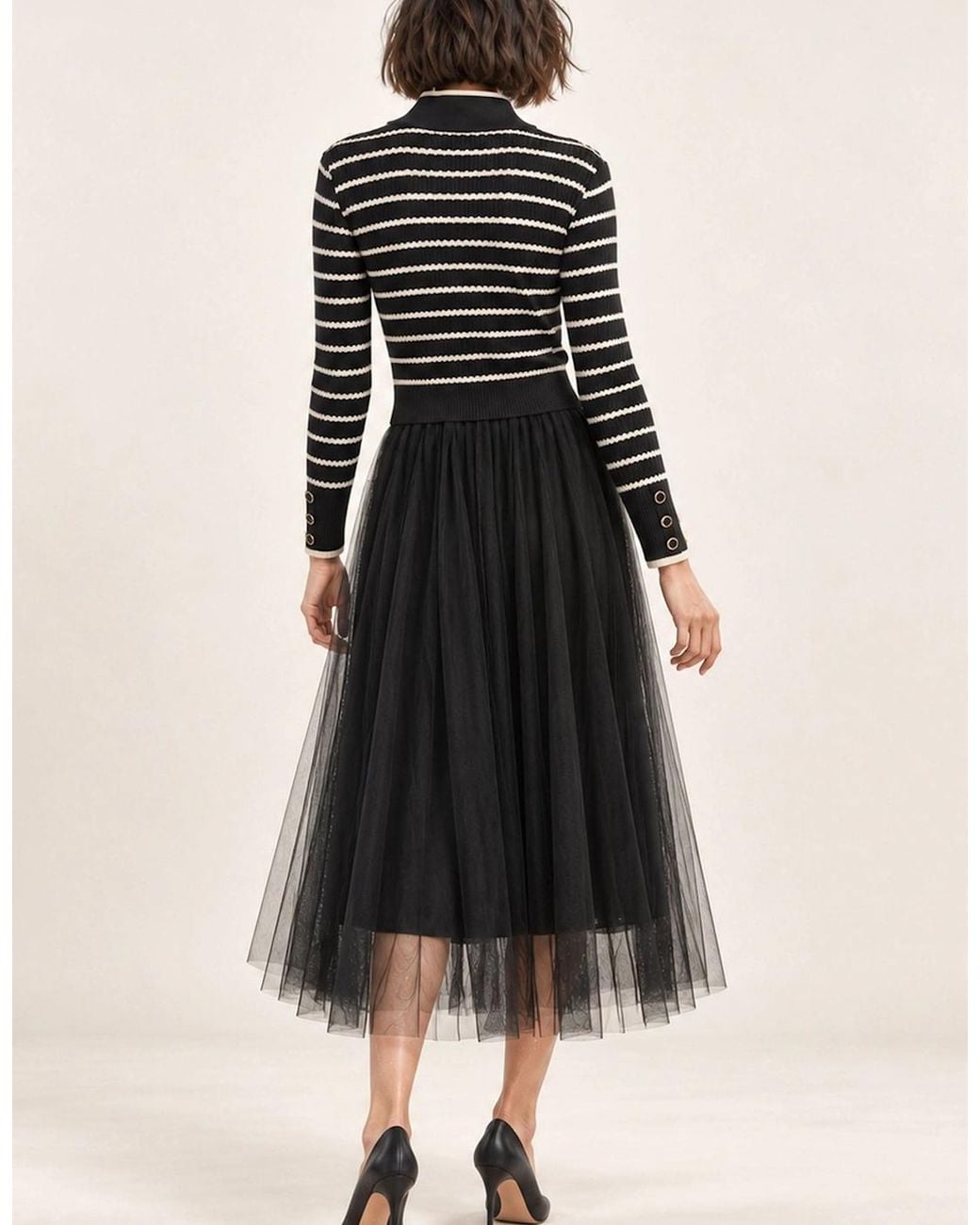 James Lakeland Black Striped Knit & Tulle Midi Dress