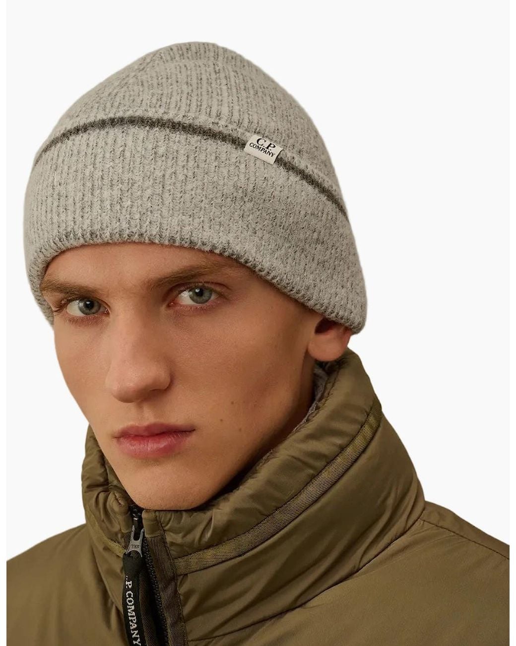 C P Company Natural Fleece Knit Logo Beanie for men