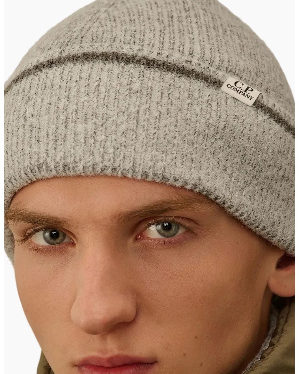C P Company Natural Fleece Knit Logo Beanie for men