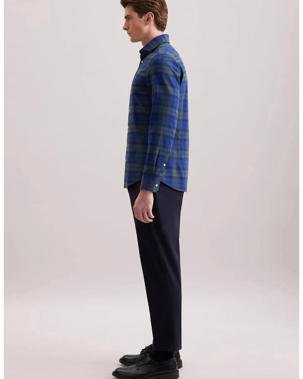 Seidensticker Blue Slim Fit Spread Kent Check Flannel Shirt Dark for men
