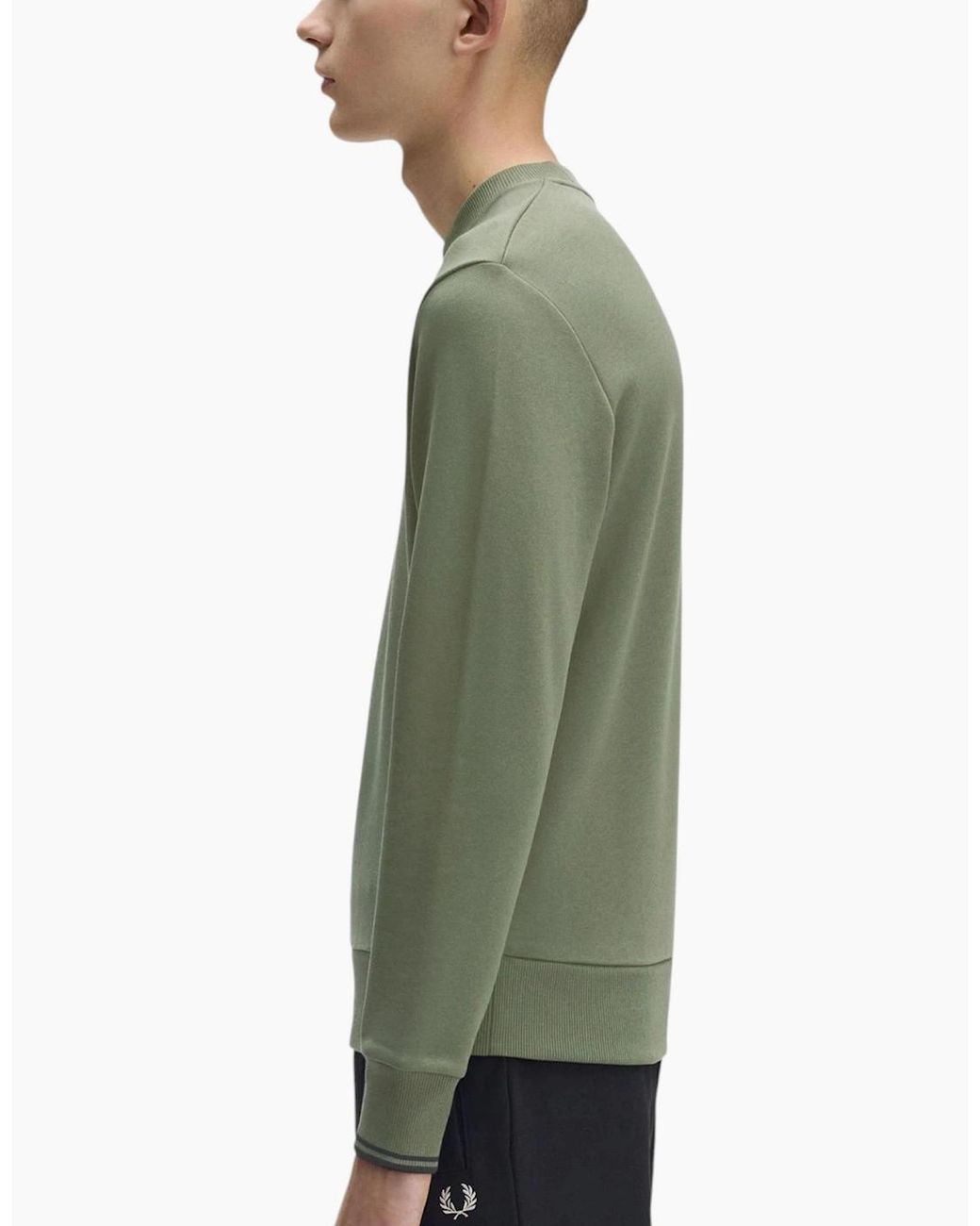 Fred Perry Green Crew Neck Sweatshirt Embroidered Logo Pullover Cotton for men