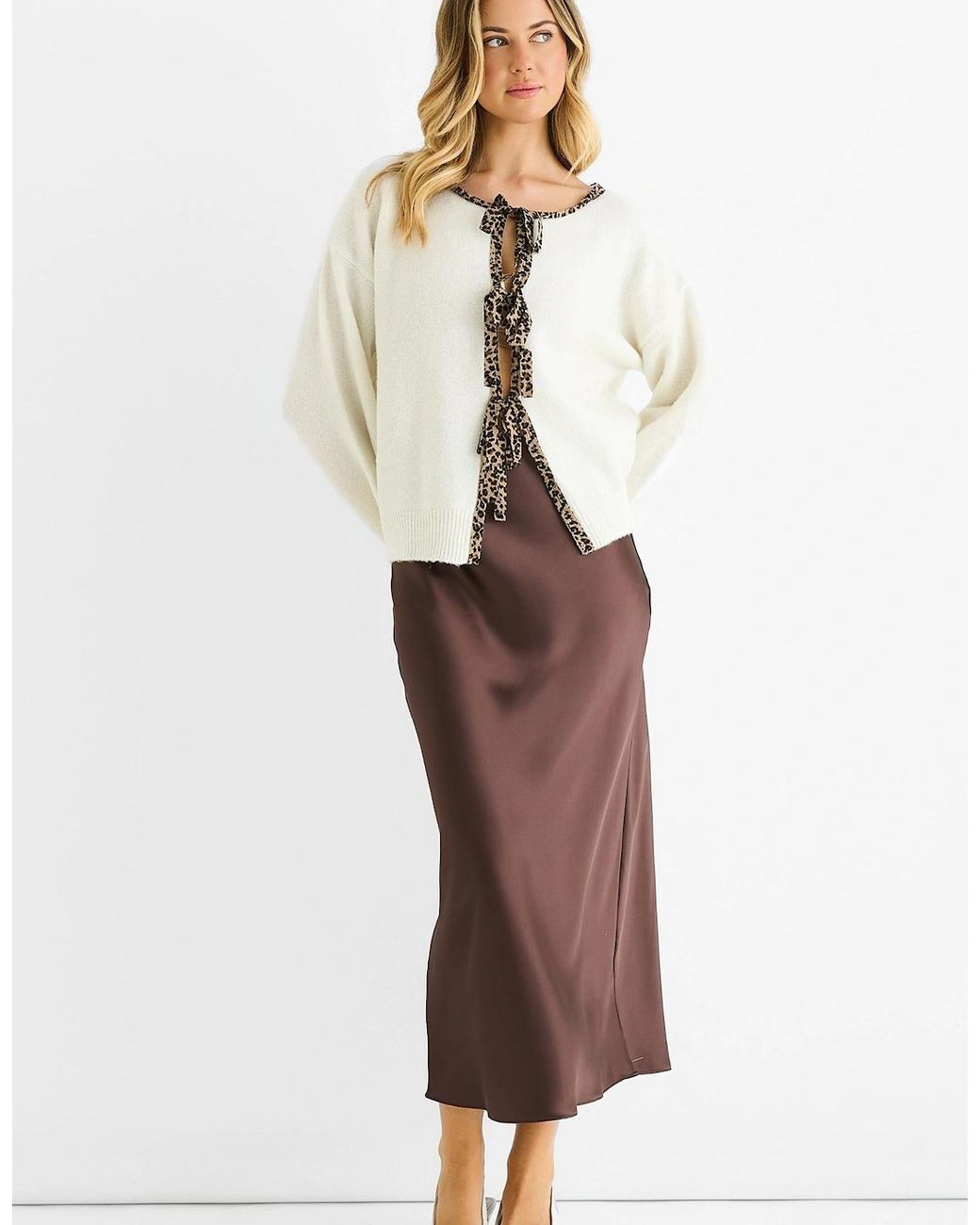 Gini London White Cream Contrast Animal Tie Oversized Knit Cardigan