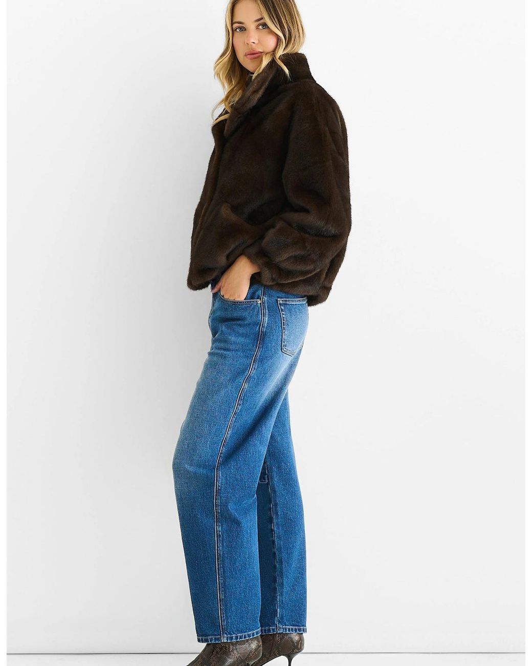 Gini London Blue Coffee Funnel Neck Button Up Faux Fur Jacket