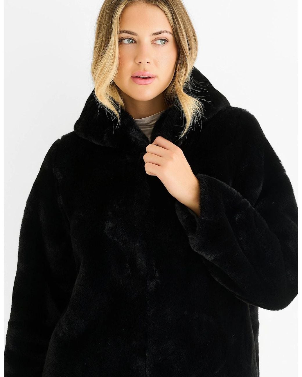 Gini London Black Hooded Long Sleeve Faux Fur Jacket