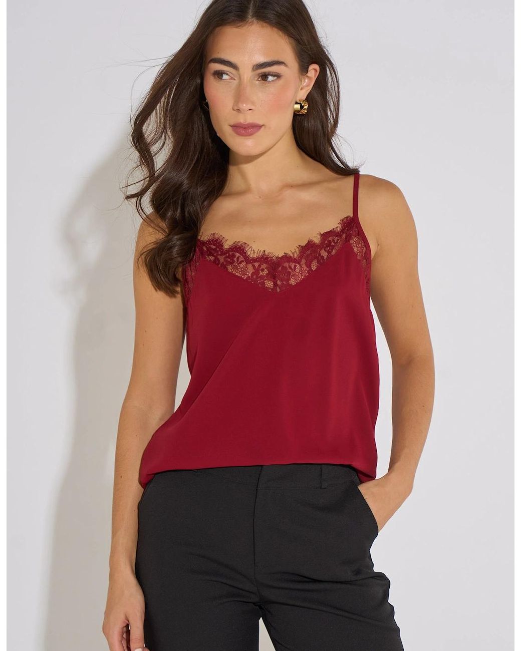 Gini London Red Mulberry Lace Trim Strappy Cami Top