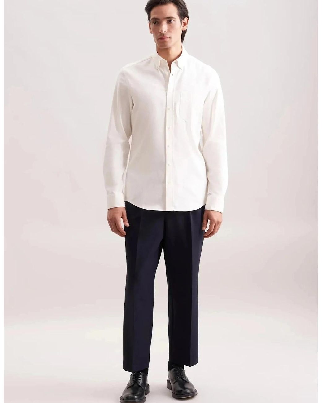 Seidensticker White Slim Fit Button Down Flannel Shirt Ecru for men