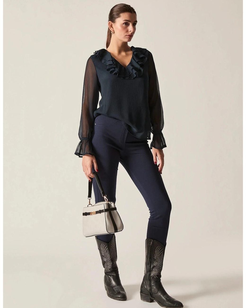 James Lakeland Blue Sheer-Sleeve Ruffle Blouse