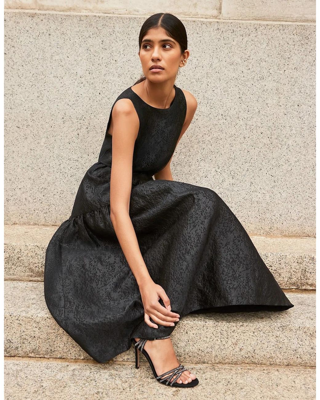 Ro&zo Black Georgie Tiered Jacquard Dress