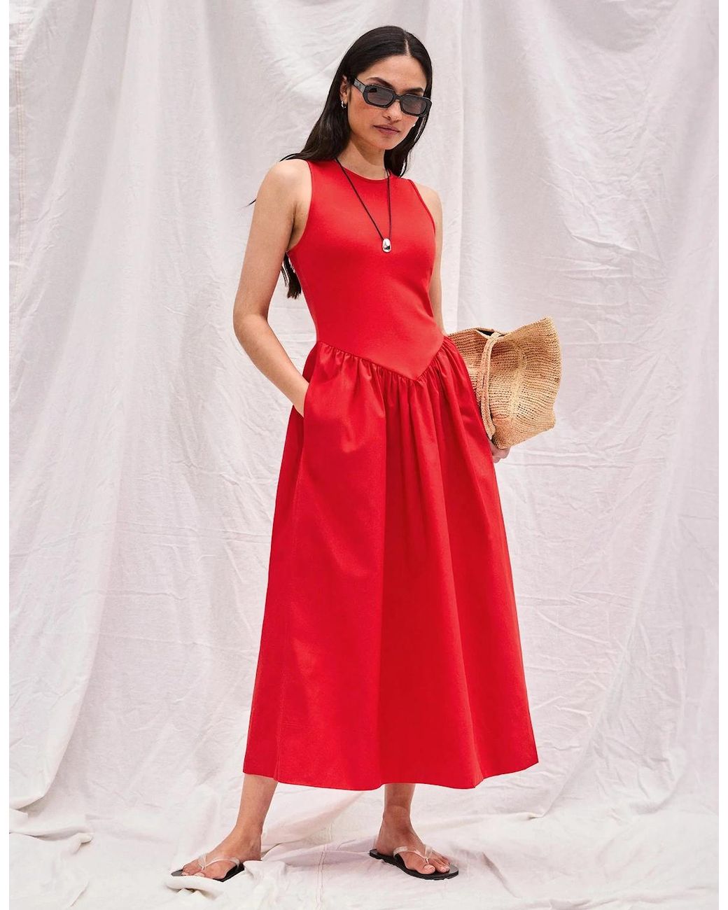 Ro&zo Red Jersey Bodice Midi Waisted Dress