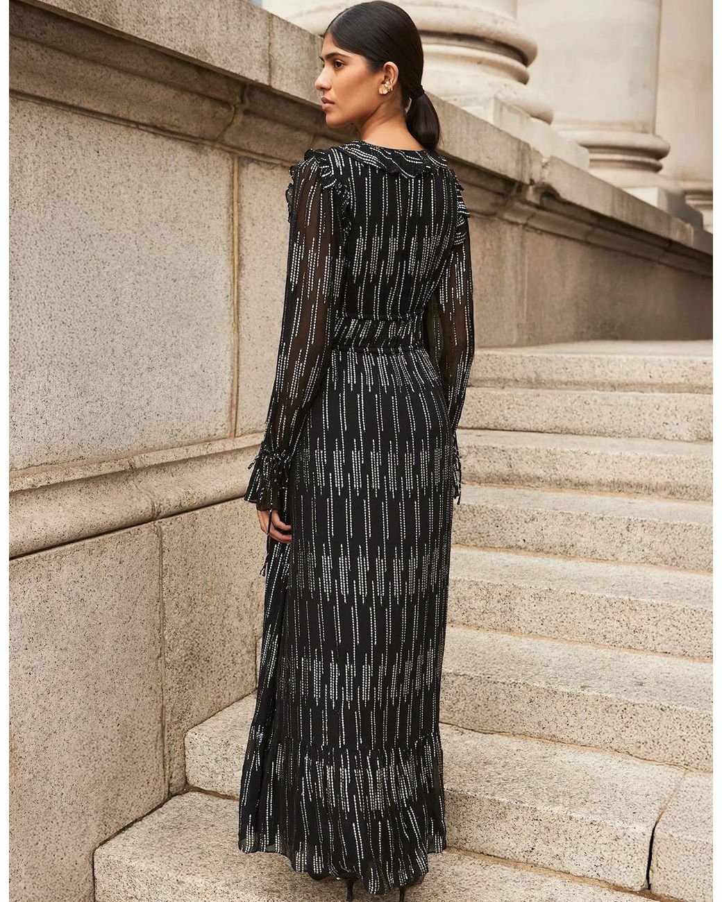 Ro&zo Black Petite Lydia Foil Tie-Waist Midaxi Dress