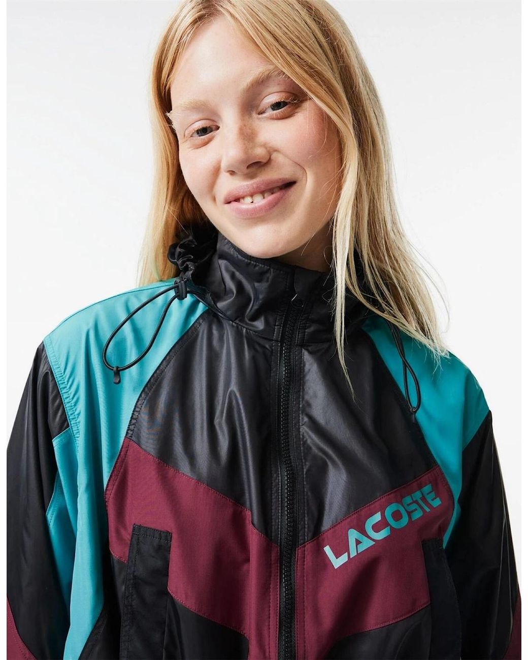 Lacoste Blue Hooded Neck Color Block Patterned Windbreaker With Zipped Pocket