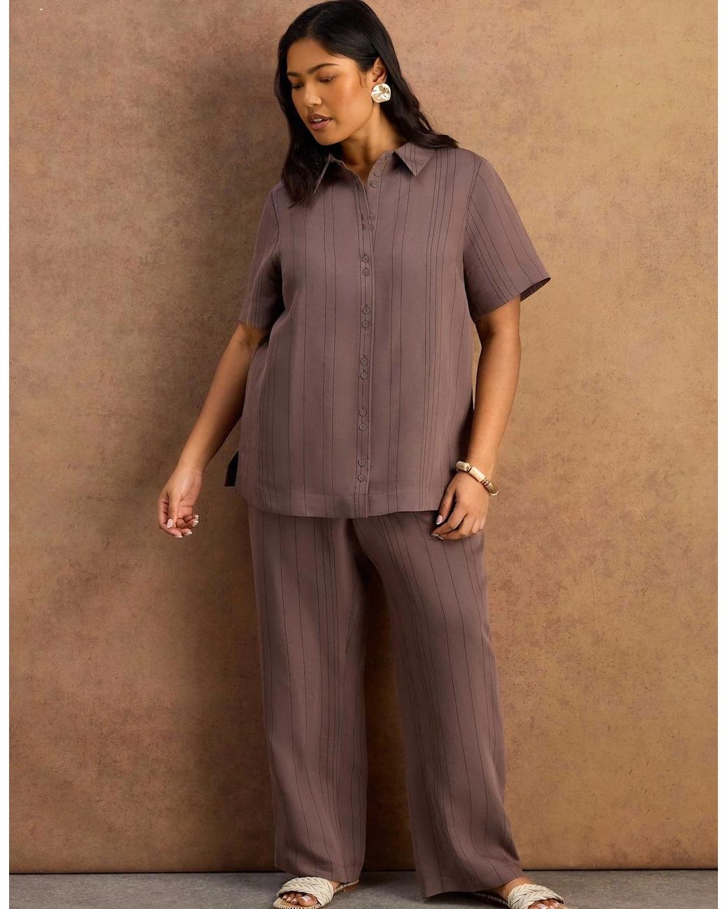 Live Unlimited London Brown Stripe Short Sleeve Shirt With Modal
