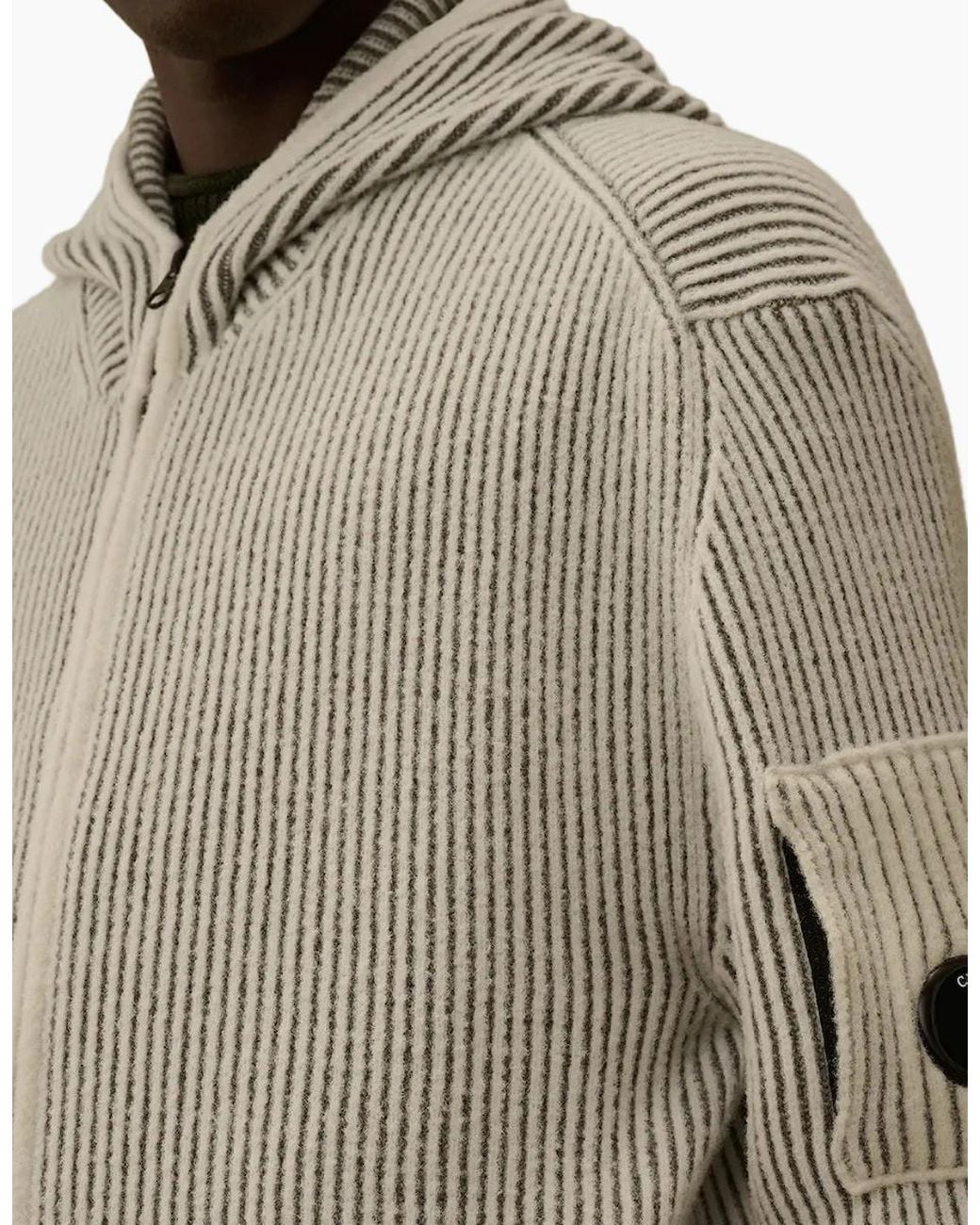 C P Company Gray Fleece Knit Zip Lens Hooded Cardigan for men