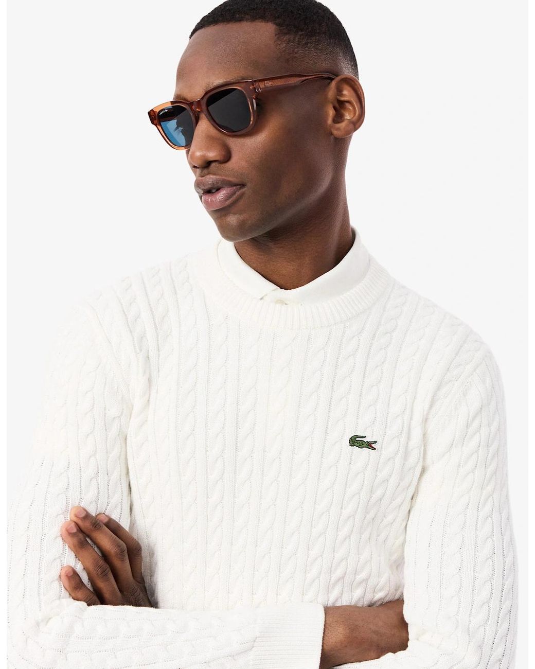 Lacoste White Cable Knit Cotton Jumper for men