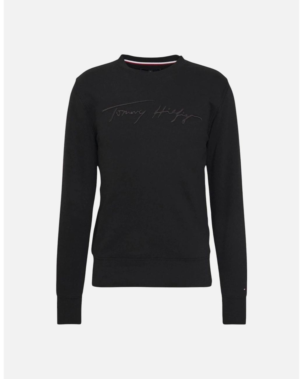 Tommy Hilfiger Black Sweatshirt Signature Embossed Logo Fleece Pullover Crew Neck for men
