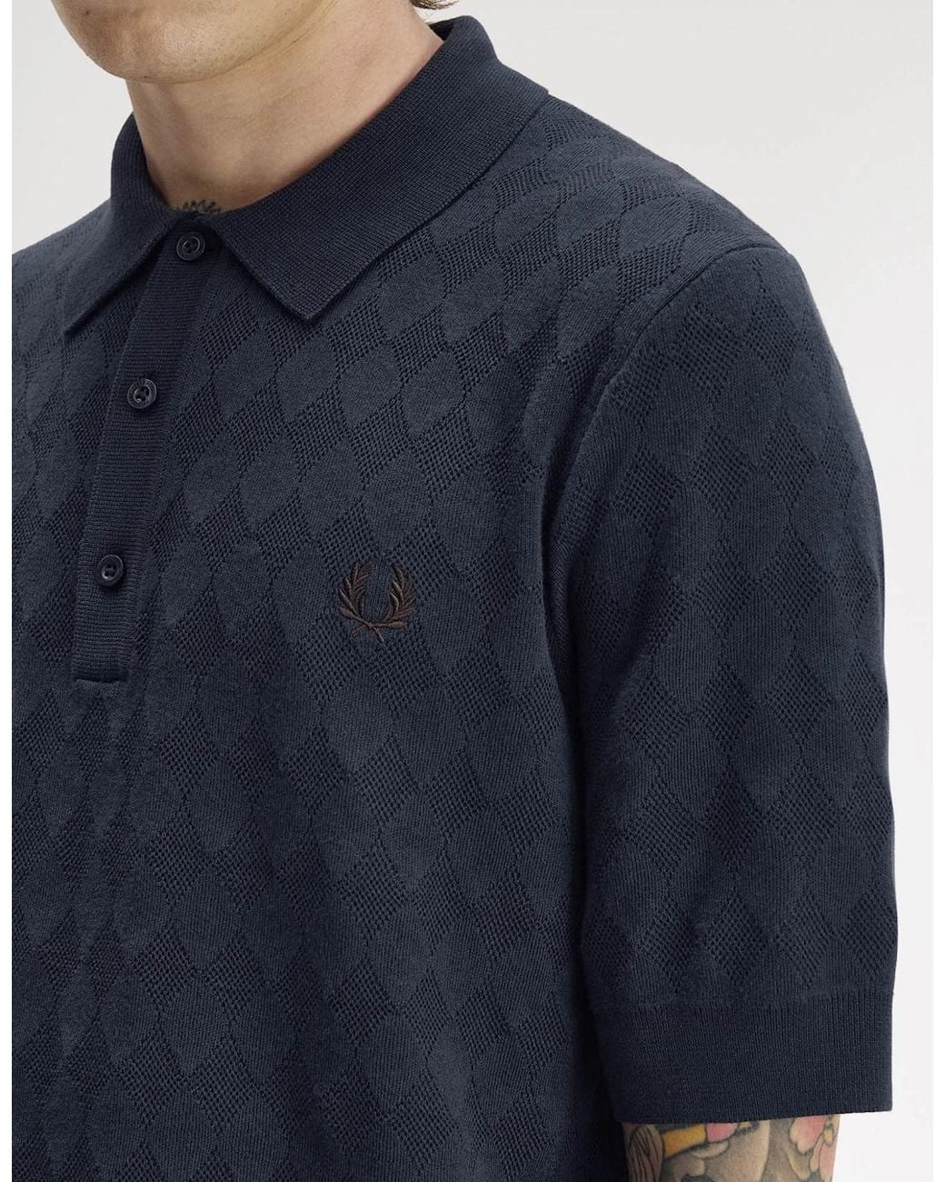 Fred Perry Blue Pointelle Knitted Polo Shirt for men