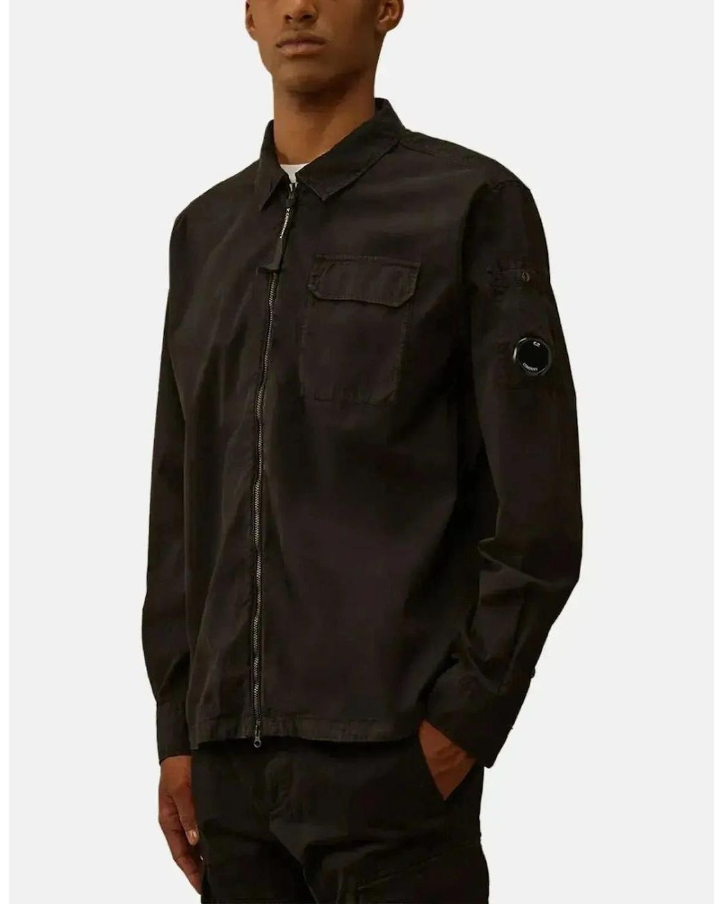 C P Company Black Organic Gabardine Zipped Overshirt for men