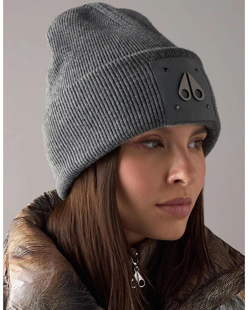 Moose Knuckles Gray Icon Logo Wool Cement Beanie for men
