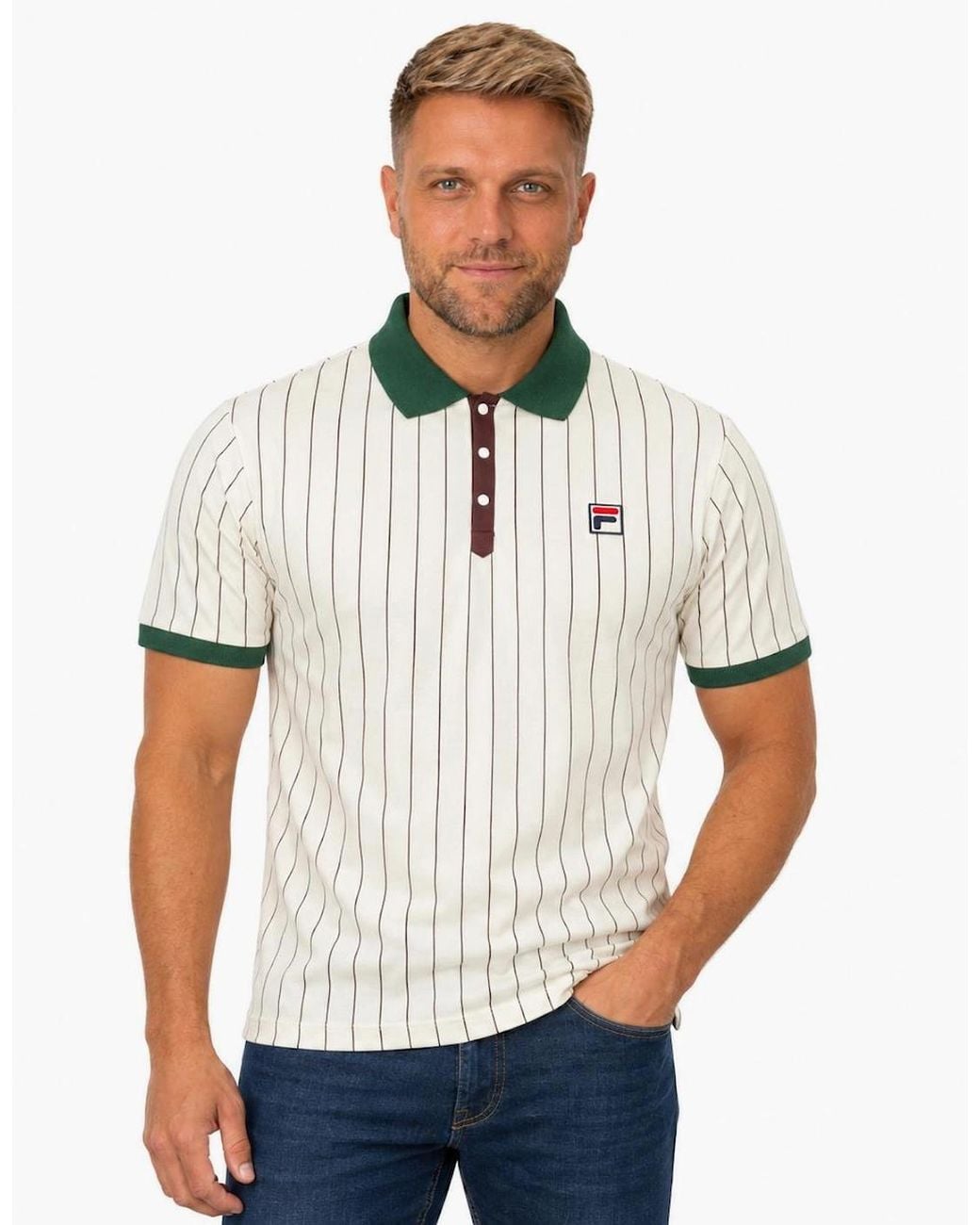 Fila White Bb1 Classic Striped Polo Shirt Gardenia/Pine Needle/Fudge for men