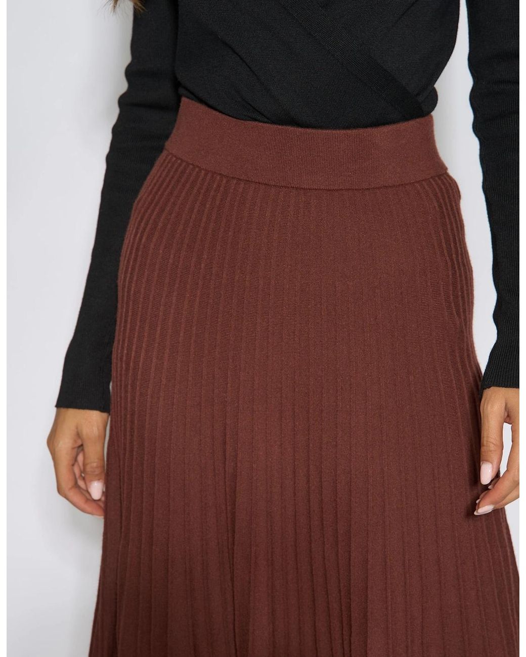 Gini London Brown Pleat Detail Knitted Flared Midi Skirt