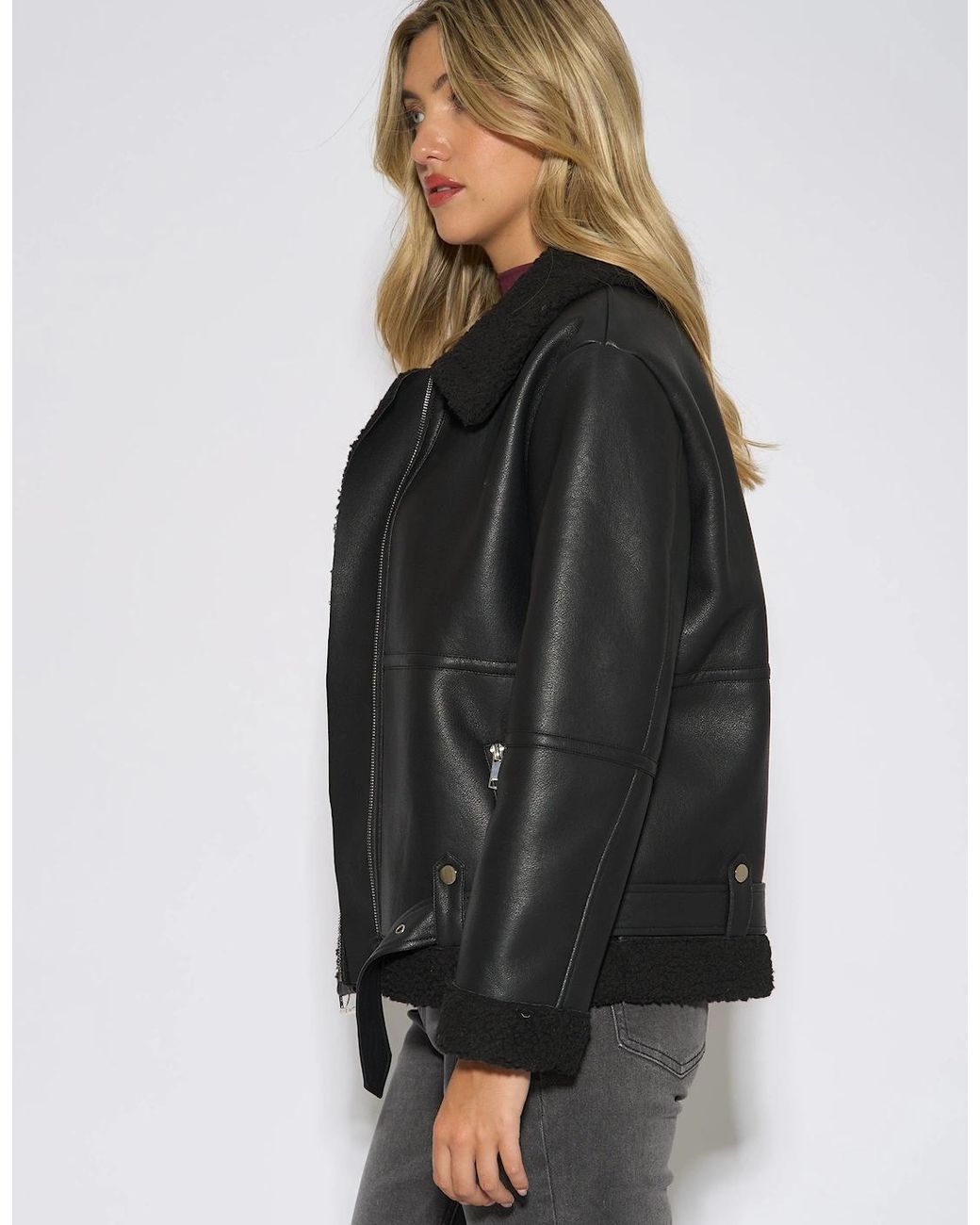 Gini London Gray Faux Leather Aviator Biker Jacket