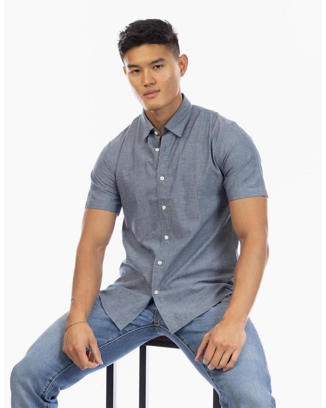 Peter Werth Blue Collared Neck Short Sleeve Regular Fit Shirt for men
