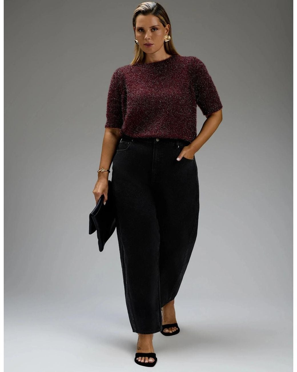 Live Unlimited London Brown Burgundy Sparkle Knitted Short Sleeve Jumper