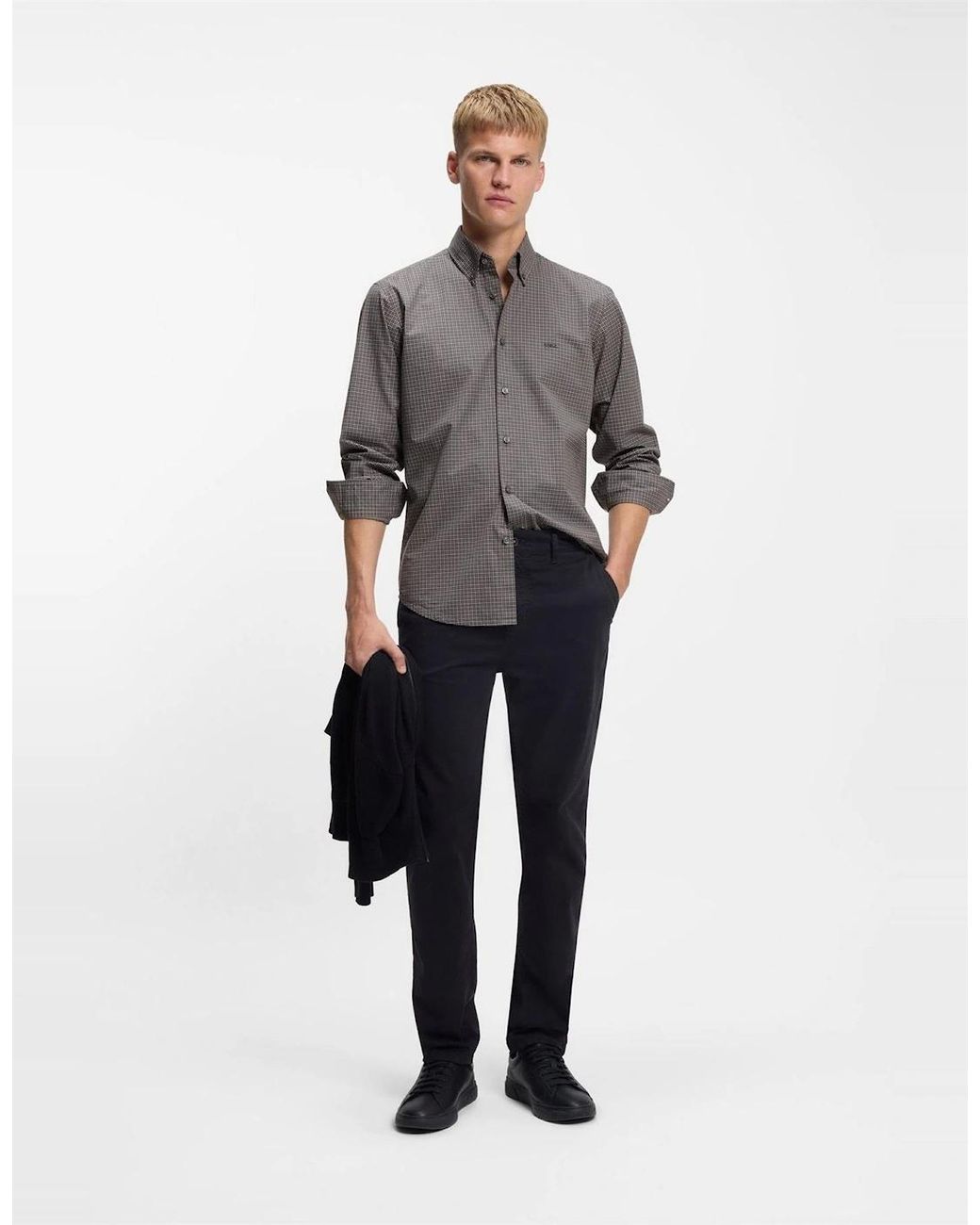 Boss Gray Regular Fit Button Down Collar Long Sleeve Shirt for men