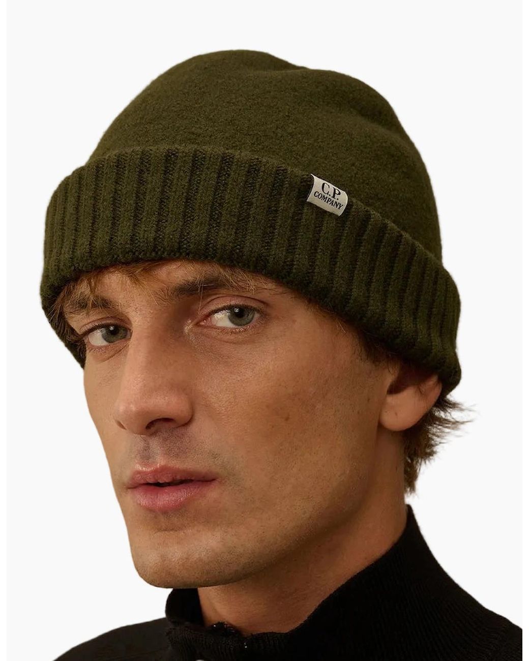 C P Company Green Extrafine Merino Wool Felted Fisherman Beanie for men