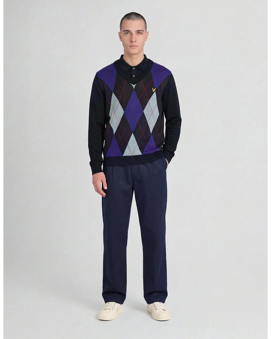 Lyle & Scott Blue Archive Argyle Knitted V-Neck Jumper for men