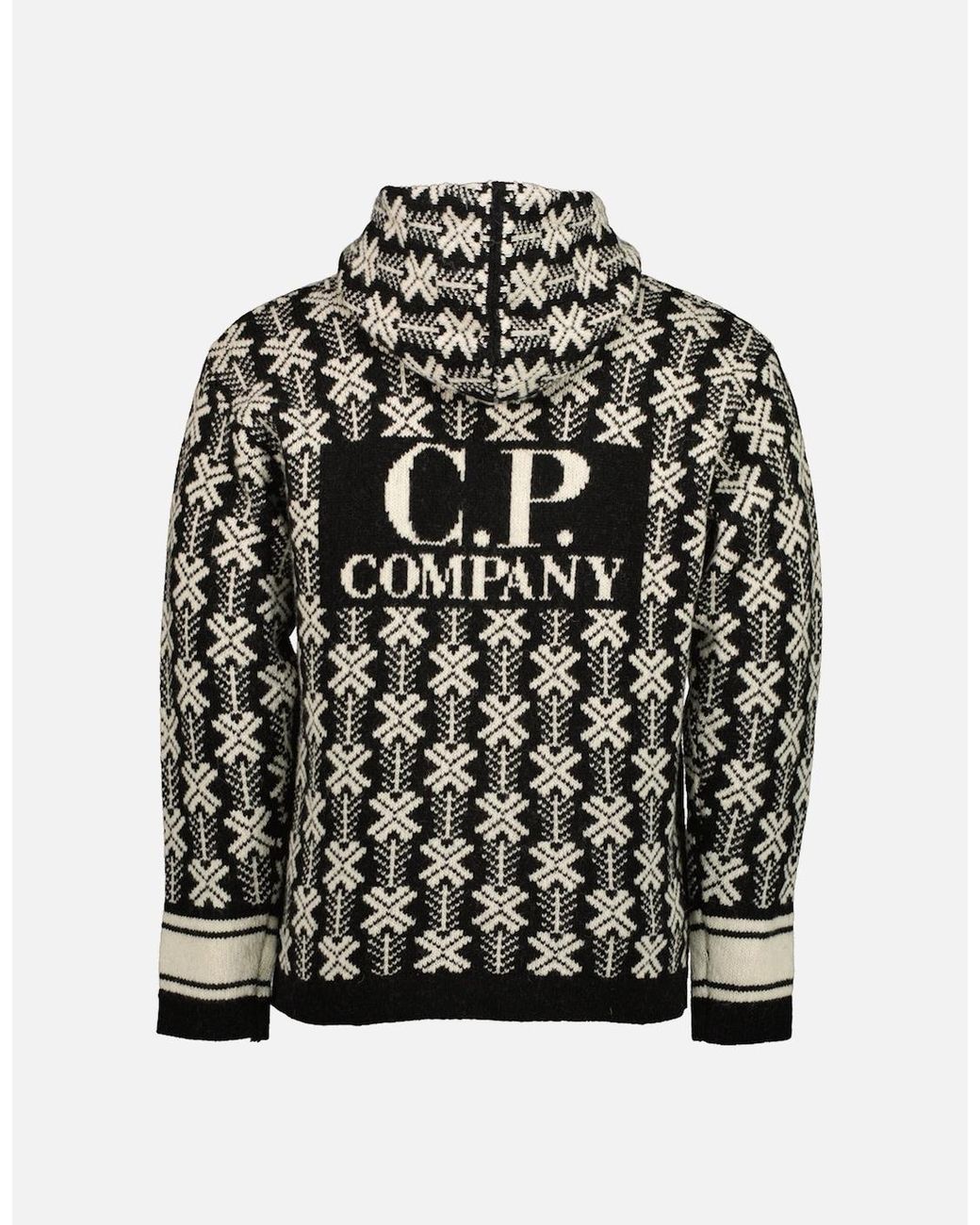 C P Company Black Wool Jacquard Logo Hooded Knit for men