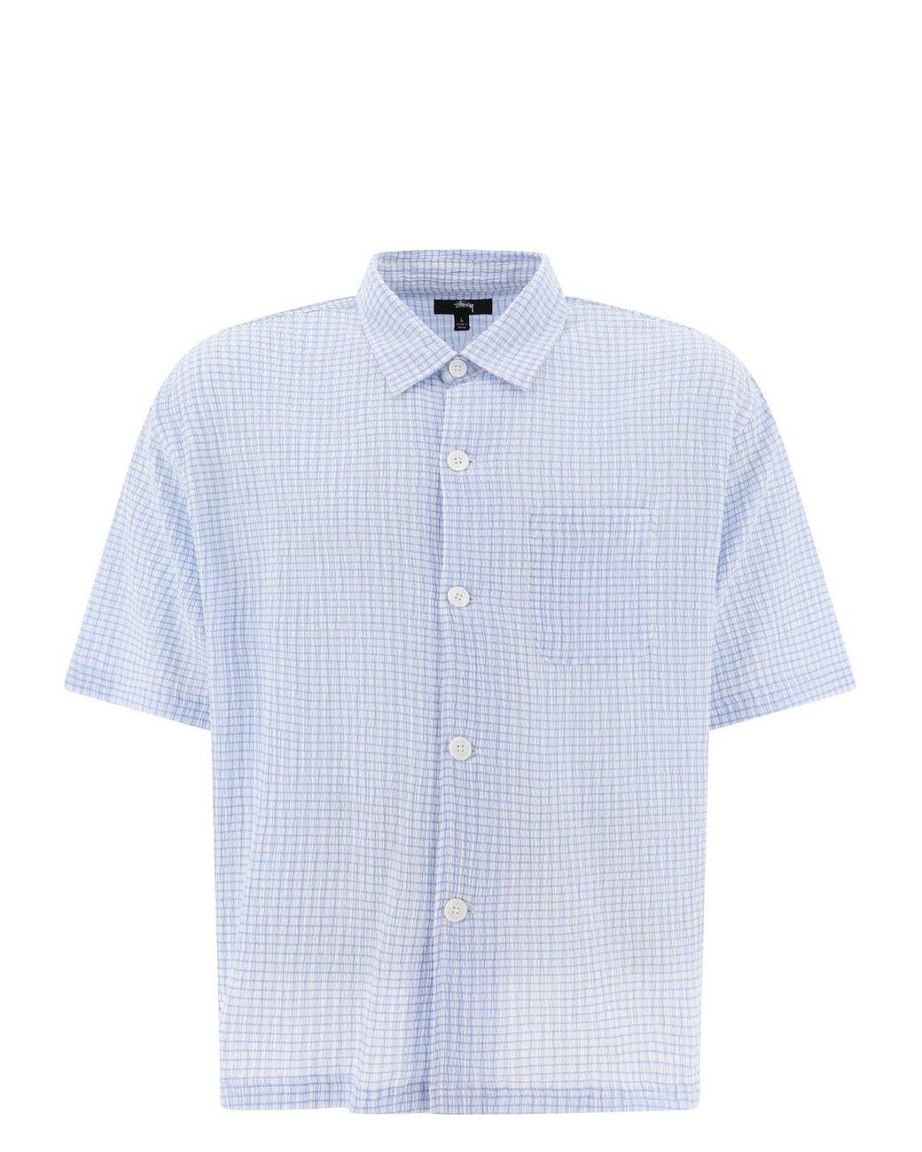【Stussy】Flat Bottom Crinkled Shirt Stüssy: Men's Flat Bottom Crinkled Shirt (Blue Check