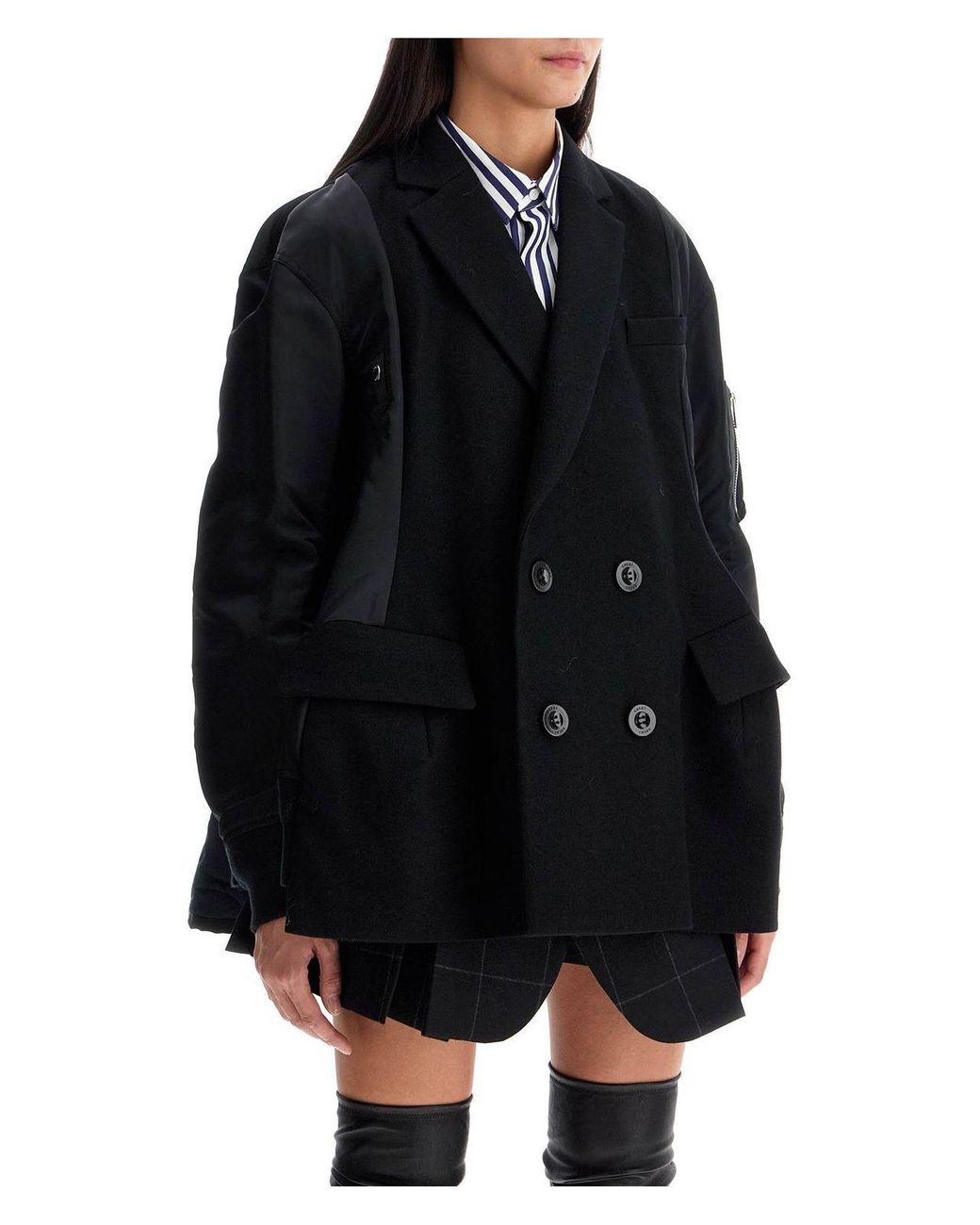 Sacai Wool Melton X Nylon Twill Quilted Coat in Black | Lyst
