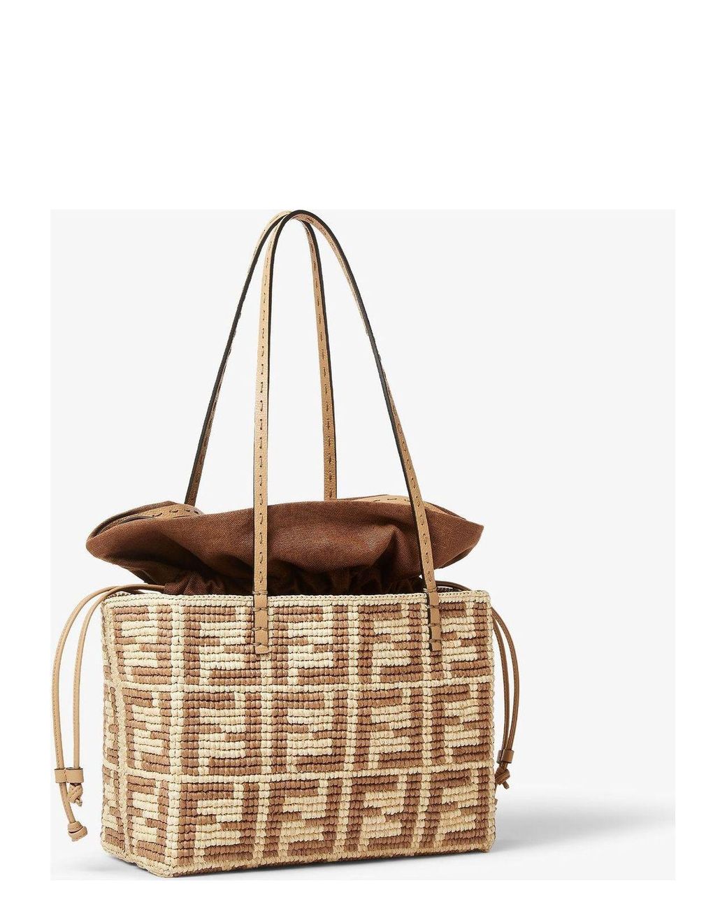 トートバッグ Fendi Embroidered Straw Small Roll Shopping Bag Fendi Embroidered Straw Small Roll Shopping Bag in Natural