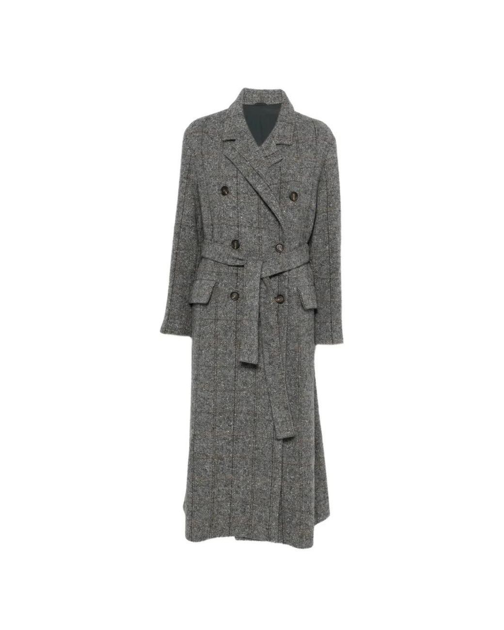 Brunello Cucinelli Gray Checked Double-Breasted Coat
